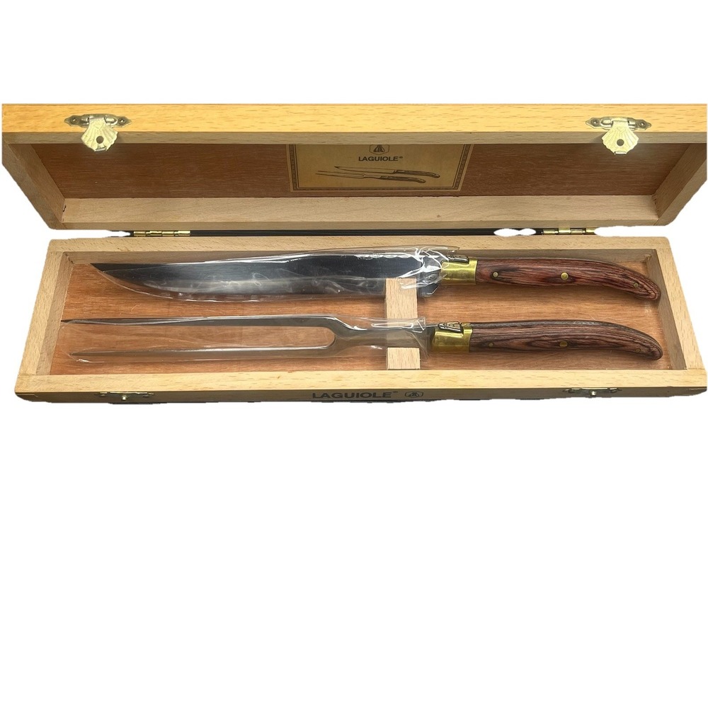 Laguiole Carving Knife & Fork Set Wood Handle Wooden Gift Box New